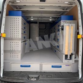 aluminium van Shelving with XLD Underfloor drawer with drop down workbench and vice