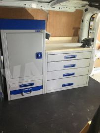 Offside van Shelving drawer unit with stand up cabinet/locker aluminium drawers and blue service case