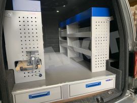 Offside van shelving with aluminium drawers and blue services cases slide out work bench and vice, XLD underfloor drawers