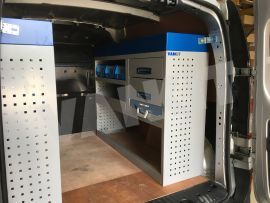 Offside van Shelving and aluminium drawers blue services case