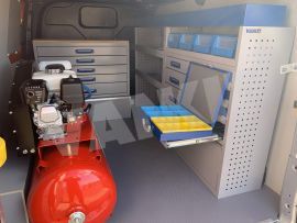 Aluminium van racking, work bench, aluminium drawers blue linbins and blue services cases with XLD Underfloor