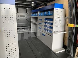 Offside van Shelving and aluminium drawers blue services case with a gas bottle holder