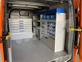 Aluminium van racking, work bench, aluminium drawers blue linbins and blue services cases with XLD Underfloor