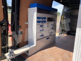 Offside van Shelving and aluminium drawers blue services case with work bench